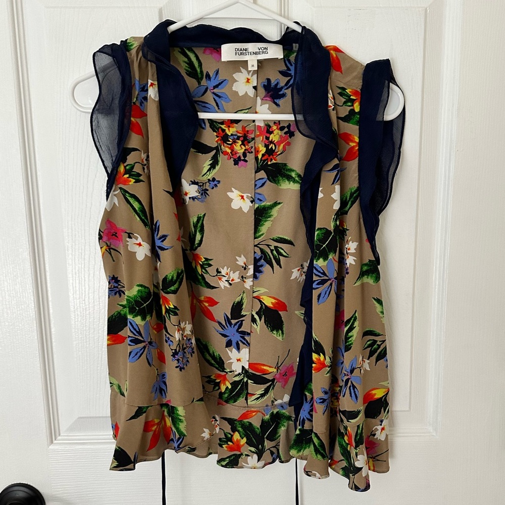 Diane Von Furstenberg Tan Ruffled Cut-Out Blouse